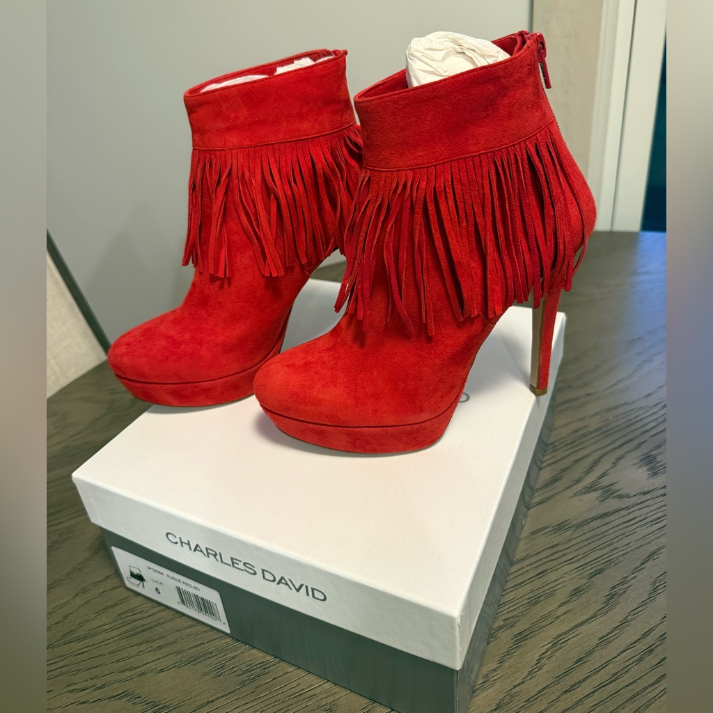 Charles David Red Fringe Heeled Suede Booties